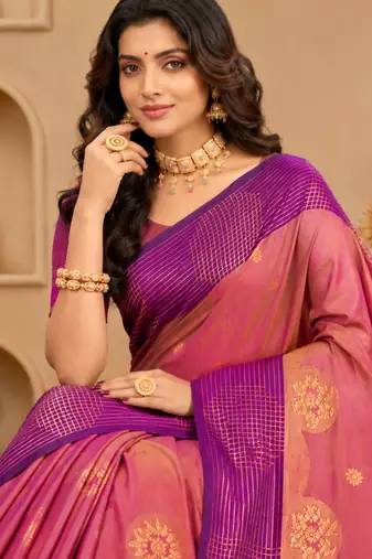 Sangam prints dusty rose pink soft silk blend woven work traditional saree