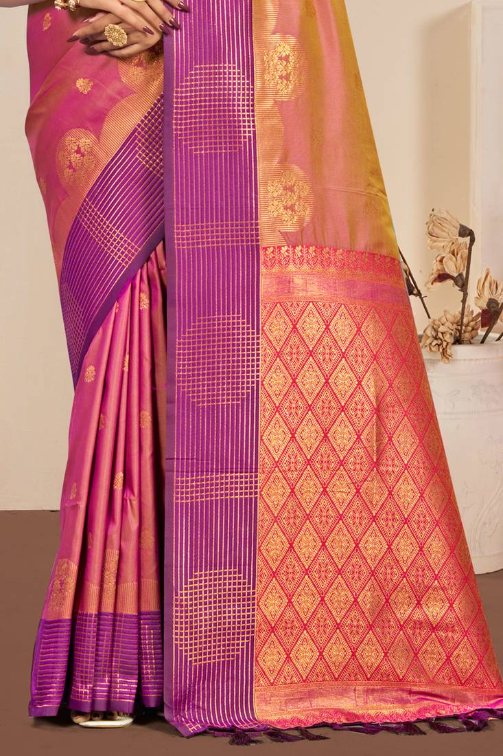 Sangam prints dusty rose pink soft silk blend woven work traditional saree