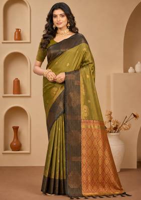 Sangam prints olive green soft silk blend woven work traditional saree 1