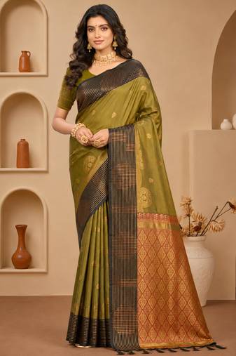 Sangam prints olive green soft silk blend woven work traditional saree