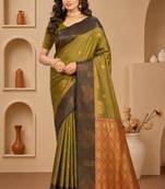 Sangam prints olive green soft silk blend woven work traditional saree