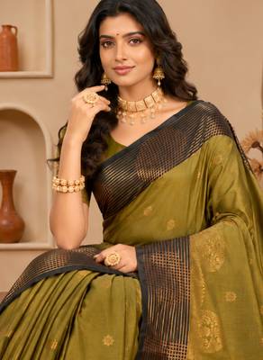 Sangam prints olive green soft silk blend woven work traditional saree 2