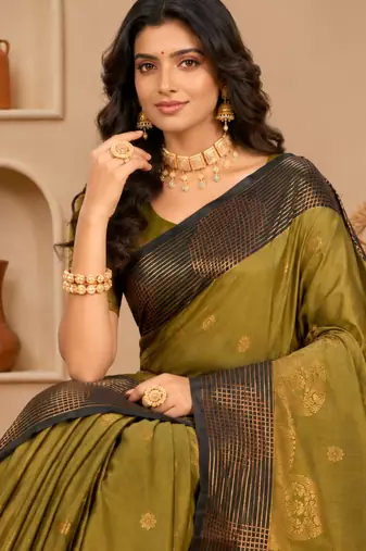 Sangam prints olive green soft silk blend woven work traditional saree
