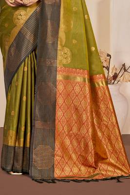 Sangam prints olive green soft silk blend woven work traditional saree 3