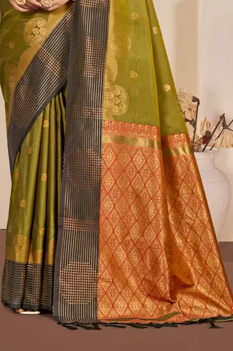 Sangam prints olive green soft silk blend woven work traditional saree