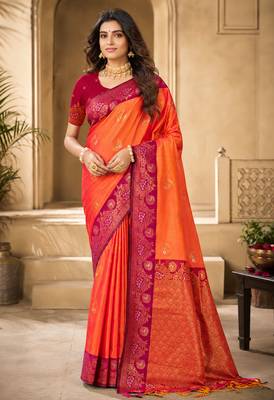 Sangam prints coral orange soft silk blend woven work traditional saree 1