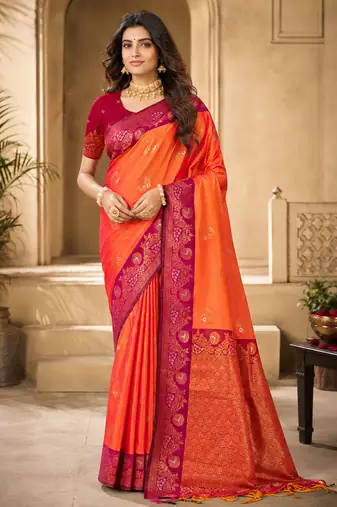 Sangam prints coral orange soft silk blend woven work traditional saree