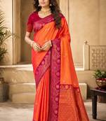 Sangam prints coral orange soft silk blend woven work traditional saree