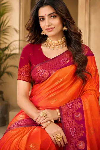 Sangam prints coral orange soft silk blend woven work traditional saree
