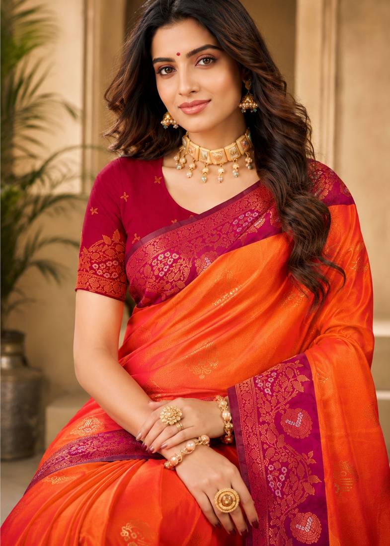 Sangam prints coral orange soft silk blend woven work traditional saree