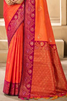 Sangam prints coral orange soft silk blend woven work traditional saree 3