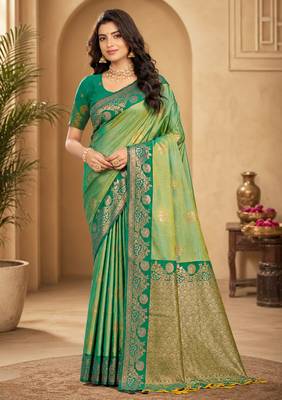 Sangam prints mint green soft silk blend woven work traditional saree 1