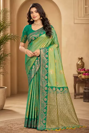 Sangam prints mint green soft silk blend woven work traditional saree