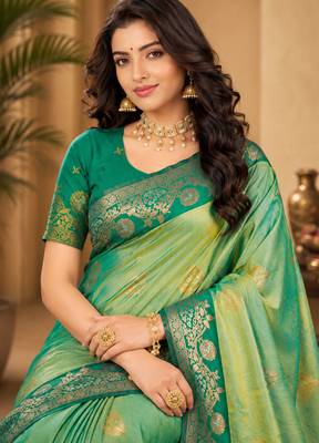 Sangam prints mint green soft silk blend woven work traditional saree 2