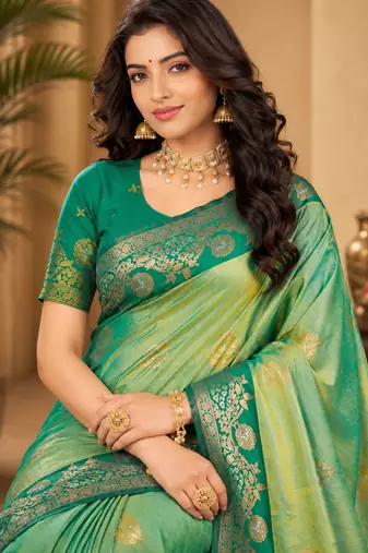 Sangam prints mint green soft silk blend woven work traditional saree