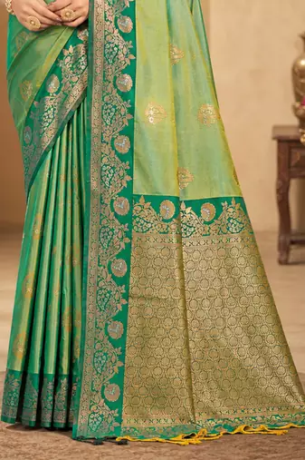 Sangam prints mint green soft silk blend woven work traditional saree