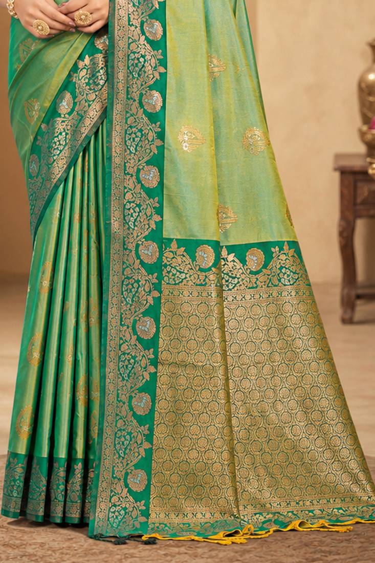 Sangam prints mint green soft silk blend woven work traditional saree