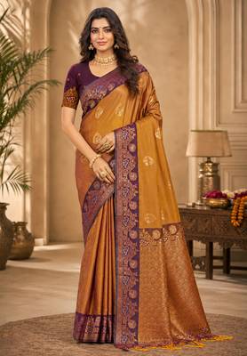 Sangam prints antique gold soft silk blend woven work traditional saree 1