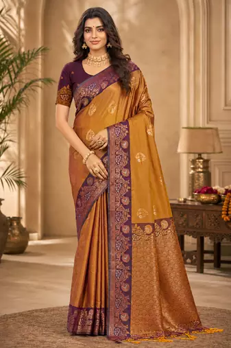 Sangam prints antique gold soft silk blend woven work traditional saree