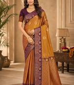 Sangam prints antique gold soft silk blend woven work traditional saree