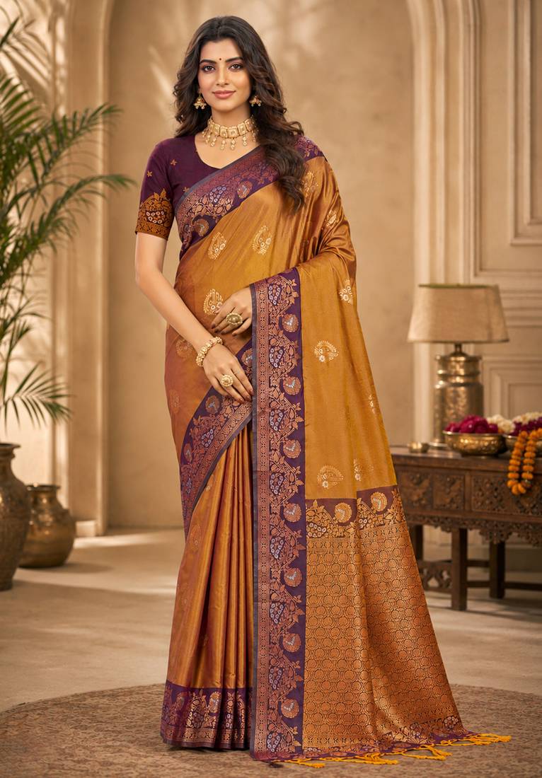 Sangam prints antique gold soft silk blend woven work traditional saree