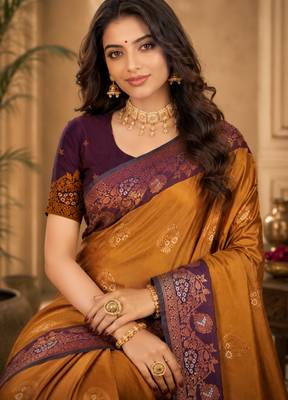 Sangam prints antique gold soft silk blend woven work traditional saree 2