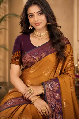 Sangam prints antique gold soft silk blend woven work traditional saree