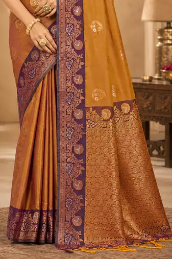 Sangam prints antique gold soft silk blend woven work traditional saree