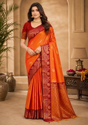 Sangam prints bright orange soft silk blend woven work traditional saree 1