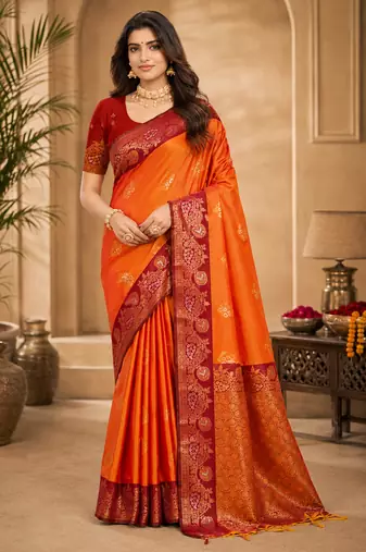 Sangam prints bright orange soft silk blend woven work traditional saree