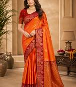 Sangam prints bright orange soft silk blend woven work traditional saree