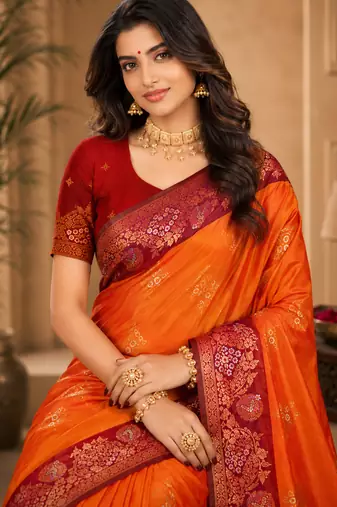 Sangam prints bright orange soft silk blend woven work traditional saree