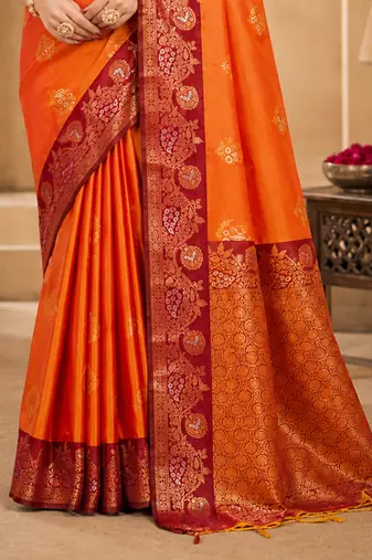 Sangam prints bright orange soft silk blend woven work traditional saree