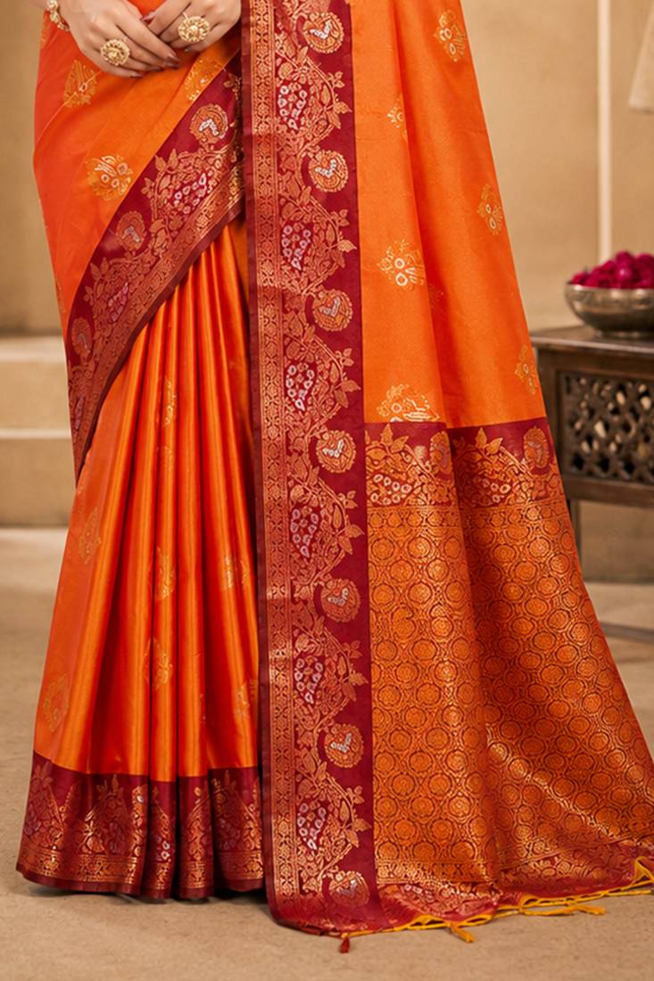 Sangam prints bright orange soft silk blend woven work traditional saree