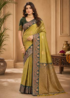 Sangam prints olive green soft silk blend woven work traditional saree 1