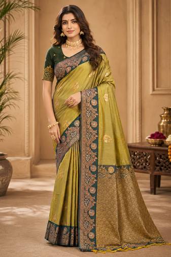 Sangam prints olive green soft silk blend woven work traditional saree