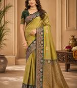 Sangam prints olive green soft silk blend woven work traditional saree