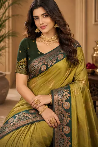 Sangam prints olive green soft silk blend woven work traditional saree