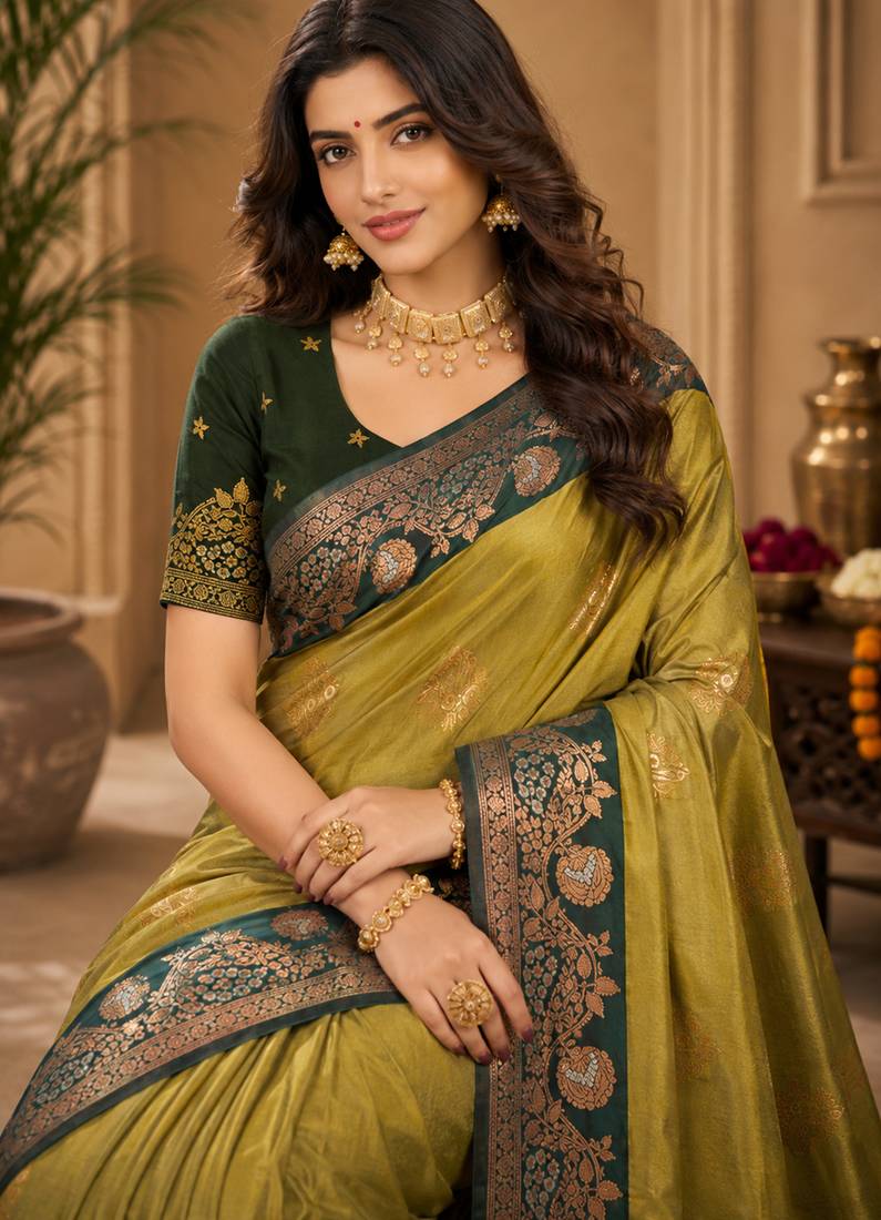 Sangam prints olive green soft silk blend woven work traditional saree
