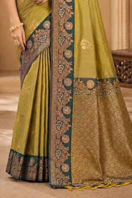 Sangam prints olive green soft silk blend woven work traditional saree 3