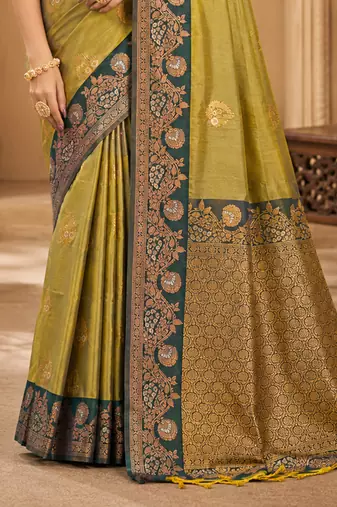 Sangam prints olive green soft silk blend woven work traditional saree