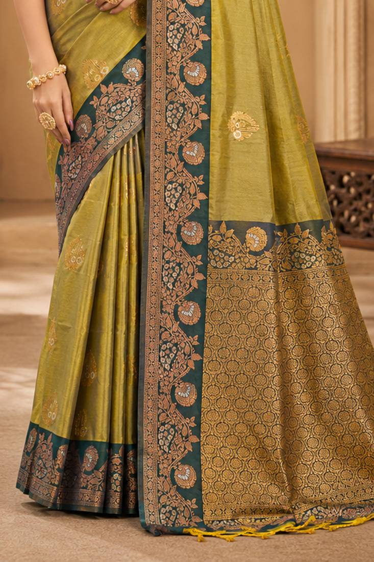 Sangam prints olive green soft silk blend woven work traditional saree