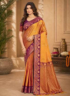 Sangam prints mustard gold soft silk blend woven work traditional saree 1