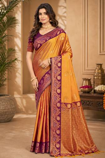 Sangam prints mustard gold soft silk blend woven work traditional saree