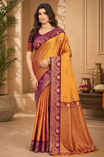 Sangam prints mustard gold soft silk blend woven work traditional saree