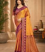 Sangam prints mustard gold soft silk blend woven work traditional saree