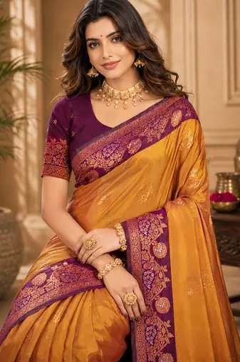 Sangam prints mustard gold soft silk blend woven work traditional saree