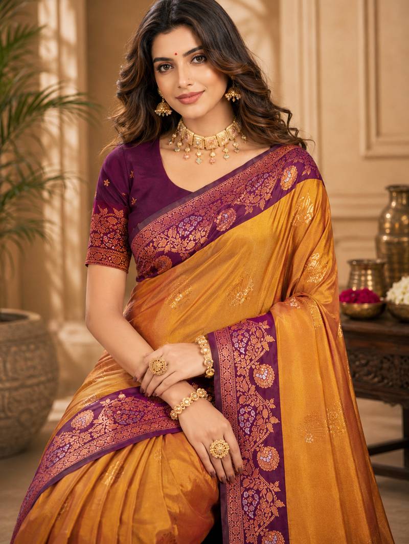 Sangam prints mustard gold soft silk blend woven work traditional saree