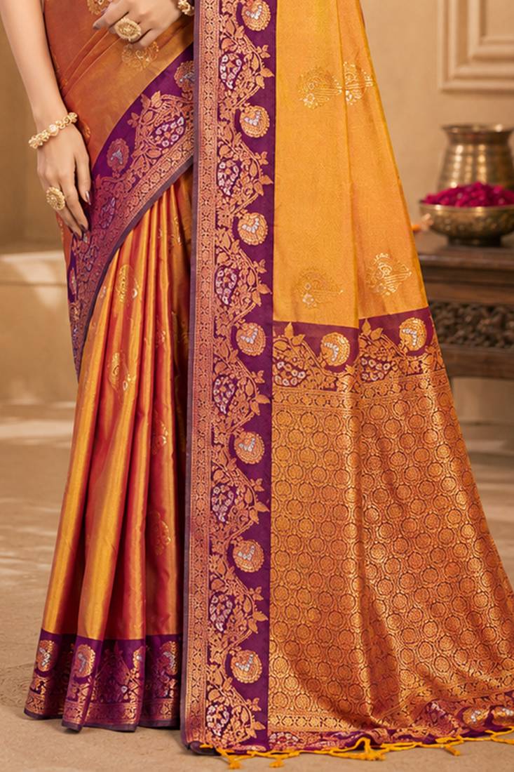 Sangam prints mustard gold soft silk blend woven work traditional saree
