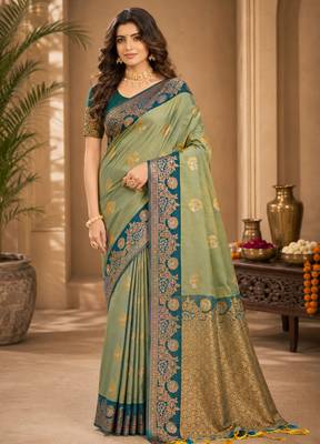 Sangam prints pastel pistachio green soft silk blend woven work traditional saree 1